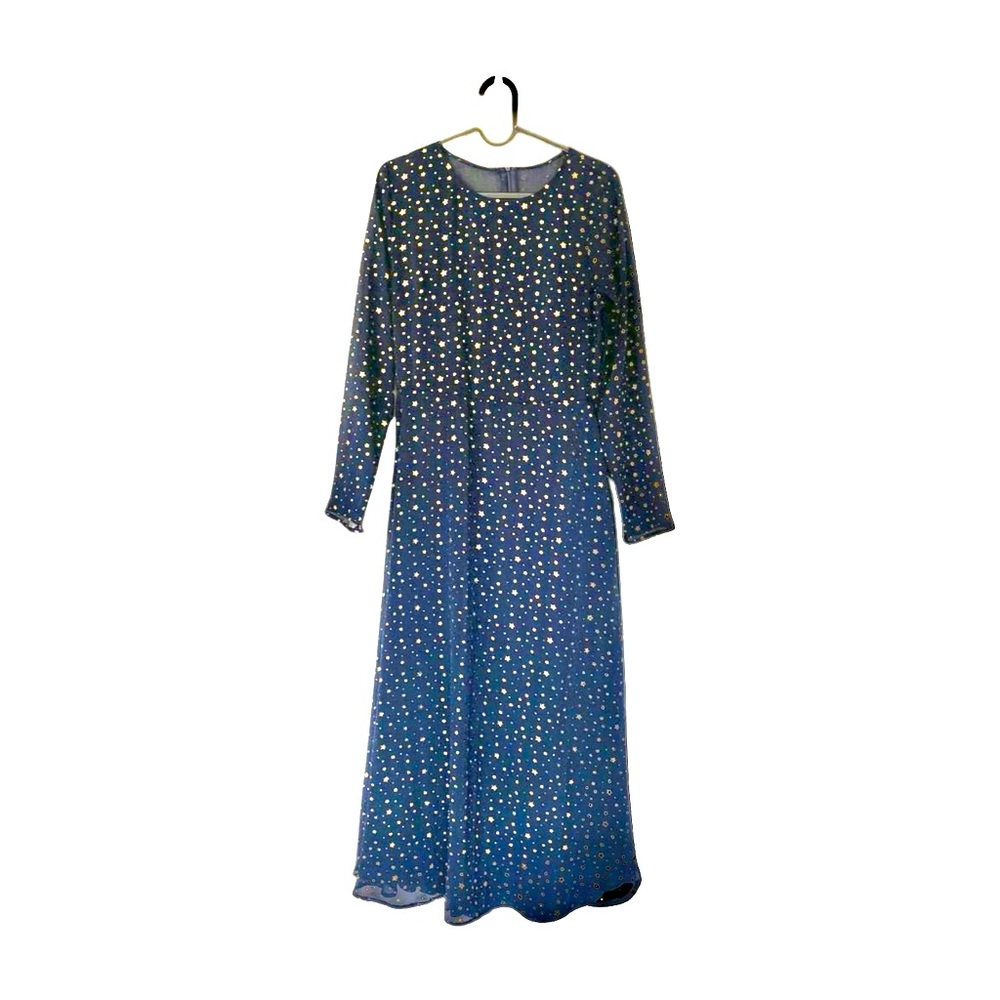 Navy Blue and Gold Midi Long Sleeve Dress